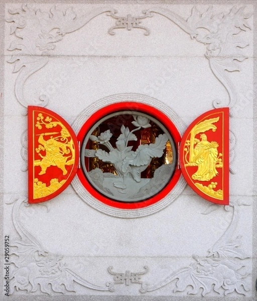 Fototapeta Traditional Chinese window. Stone and wood carve.