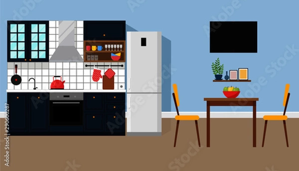 Fototapeta Kitchen interior with dining area, flat style, vector graphic design template