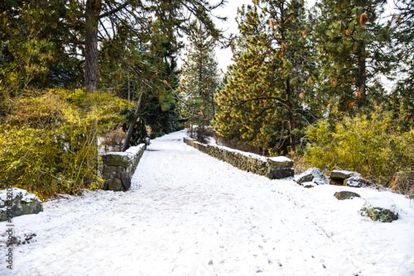 Fototapeta White Icy Snowy Walkway Through A Foot Bridge At A Park In Freezing Winter, Spokane, Washington, United States.