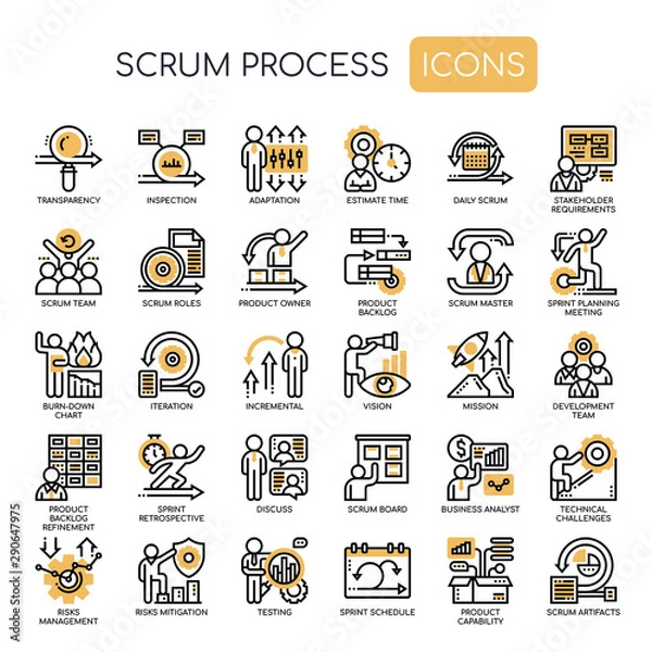 Fototapeta Proces Scrum, cienka linia i ikony idealne co do piksela