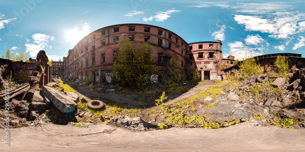 Obraz 3D spherical panorama with 360 viewing angle ready for virtual reality or VR. Full equirectangular projection. ghost town. Exterior of abandoned industrial building landscape architecture of the city