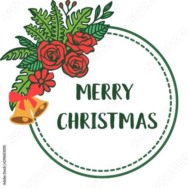 Fototapeta Template of greeting card merry christmas, with green leaves frame and red flower, isolated on white background. Vector
