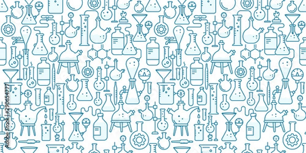Fototapeta Chemistry flask beaker equipment seamless pattern background. Science education. Medical tests. Laboratory research experiments. Outline contour blue line.