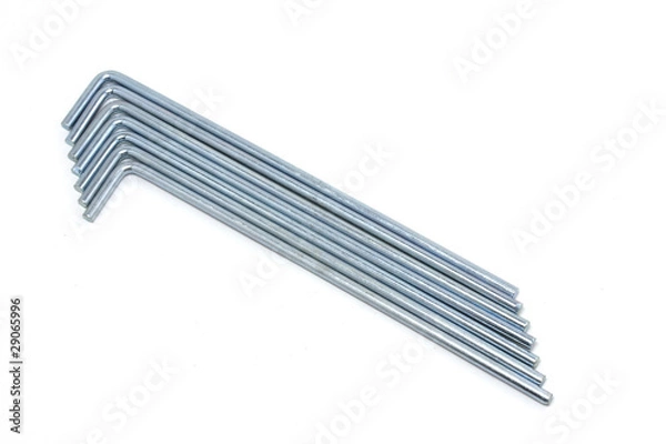 Obraz Seven round metal tent pegs on white background