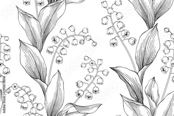 Fototapeta lily of the valley flower and leaves pattern seamless background illustration.