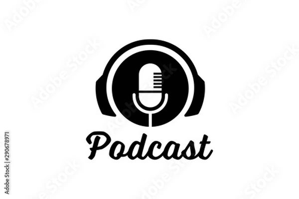Obraz Podcast or Radio Logo design using Microphone and Headphone icon