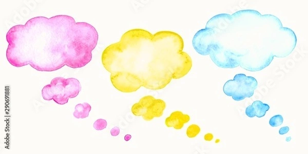 Fototapeta Set of watercolor colorful speech bubbles or conversation clouds.