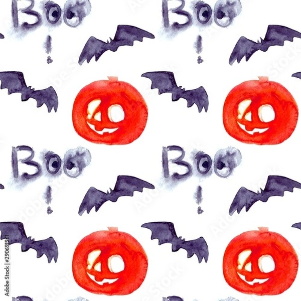 Fototapeta Halloween seamless pattern with halloween pumpkin and bat. Cute naive watercolor