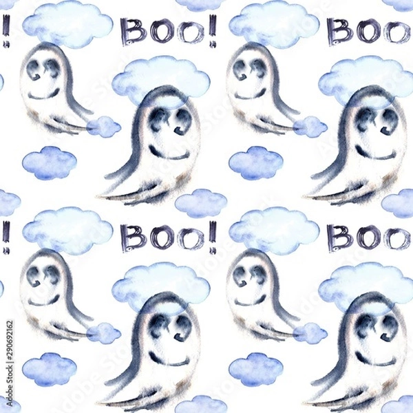 Fototapeta Halloween seamless pattern with halloween ghost. Cute naive watercolor