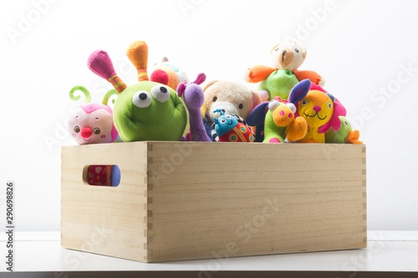 Obraz Toys collection in box isolated on white background. Donatation. Copy space for text
