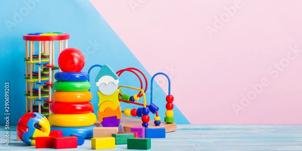 Fototapeta Kid toys background. Copy space for text.