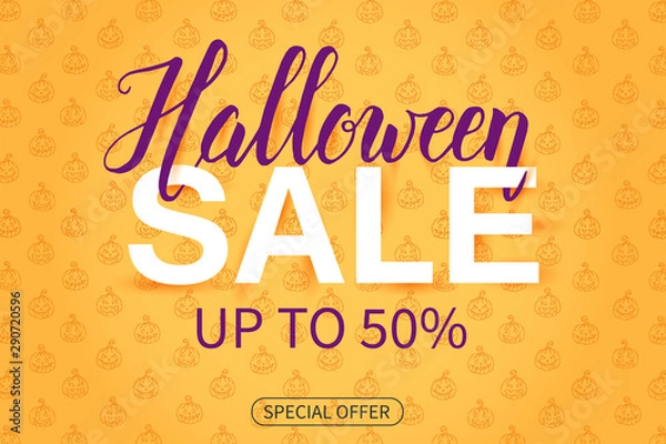 Fototapeta Halloween Sale poster with lettering on orange pattern with Jack lamp in sketch style. Up to 50%. Special offer