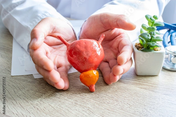 Fototapeta Protection, treatment, prevention and patronage health in urology of prostate, male reproductive system against diseases, pathologies concept photo. Doctor surrounded prostate shape with hands on desk