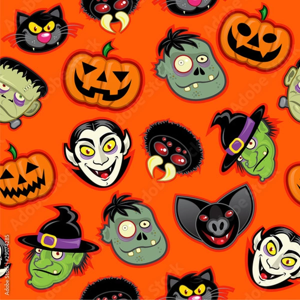Obraz Halloween Characters vector pattern in orange background