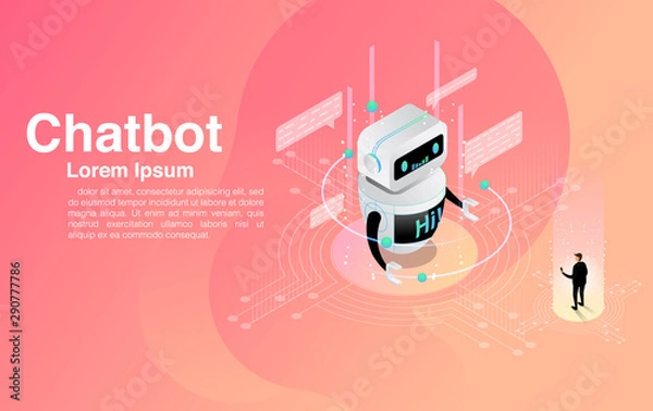 Fototapeta Man chatting with chatbot application. Dialog help service. AI and business IOT concept. Vector illustration