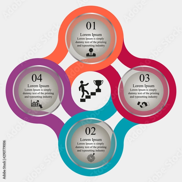 Obraz Business data visualization, infographics. Scheme of the process of elements with the help of graphs, diagrams, round transparent four stages, icons, text, numbers, variants, parts. Business vector fo