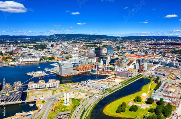 Fototapeta Aerial view of Sentrum area of Oslo, Norway, with Barcode buildings and the river Akerselva