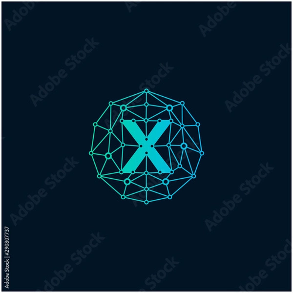 Fototapeta Letter X Logo design. Technology digital abstract dot connection cross vector logo icon circle logotype. network, line, chip, concept. logo - Vector