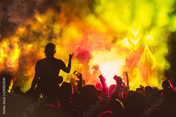 Fototapeta Young people having fun at rock concert, active lifestyle, fans applauding to famous music band, nightlife, DJ on the stage in the club, crowd dancing on dance-floor, night performance