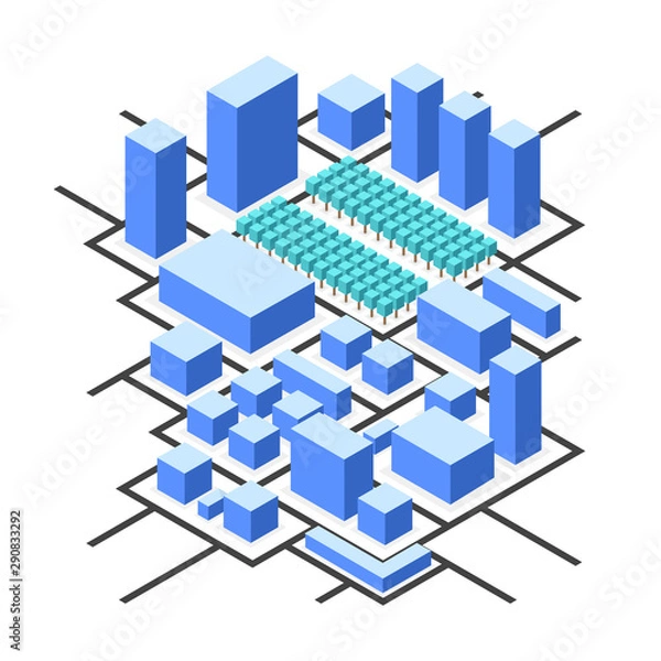 Fototapeta City isometric map, consisting of city skyscrapers block, trees and roads. Vector illustration.