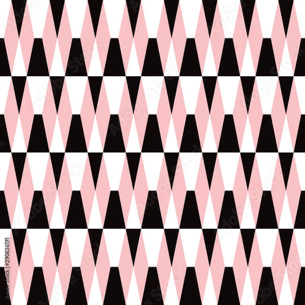 Fototapeta Bold geometric seamless tiled pattern in black, pink and white. Retro styled mod look  that is eye catching for packaging, backgrounds, fashion, textiles, paper items and decor accents. Vector.