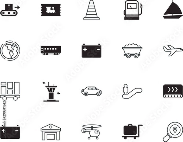 Fototapeta transport vector icon set such as: security, carriage, civil, warning, environmental, view, pump, paper, cone, cruise, escalators, sail, tower, down, up, resource, wave, trucking, search, treasure