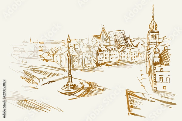Obraz Ilustracja ręcznie wykonana. Przedstawia Plac Zamkowy w Warszawie