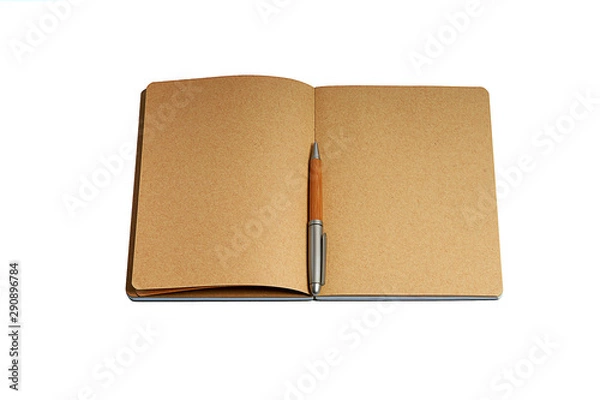 Fototapeta Open craft notepad with a pen isolated on white backgroung