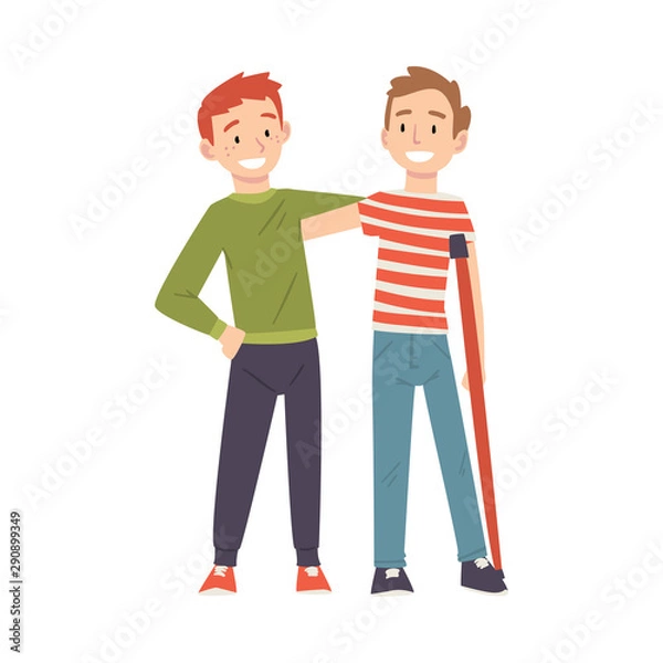 Obraz Man Supporting His Friend with Injured Leg, Friendship and Support, Disabled Person Enjoying Full Life Vector Illustration