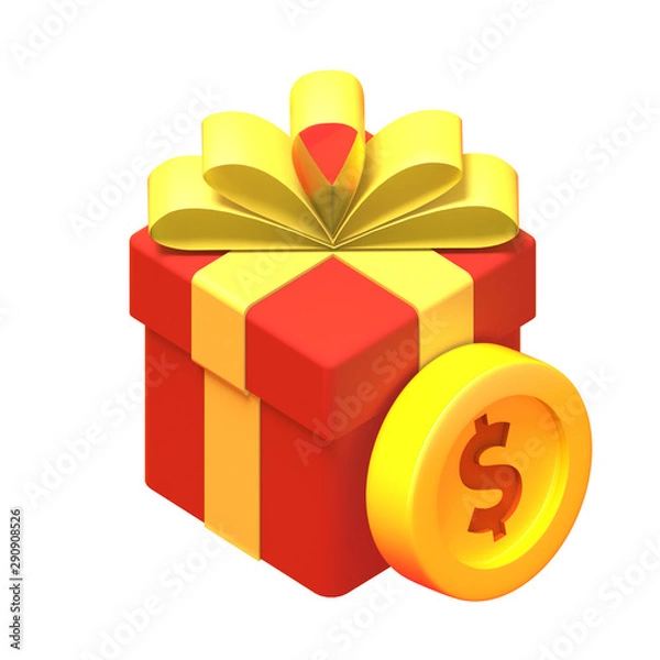 Fototapeta Giant golden dollar coin next to a Red gift box with yellow ribbon, on isolated white background - 3d illustration