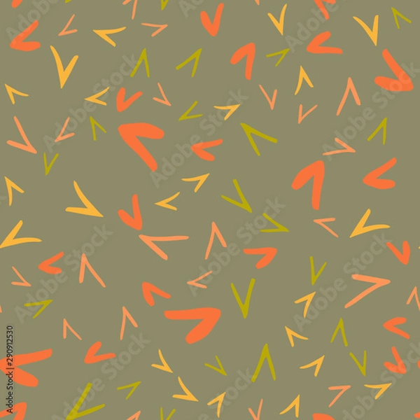 Fototapeta Seamless pattern with sharp corner abstract form in autumn colors.Hand drawn triangle objects in chaotic composition.Orange, yellow,green.Vector illustration for textille print, fabric, wrapping paper
