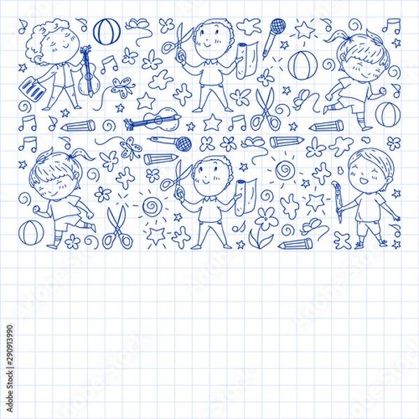 Obraz creative kids dancing, sing, playing football, playing guitar, violin, making models from paper. Monochrome pen drawing on squared notebook .