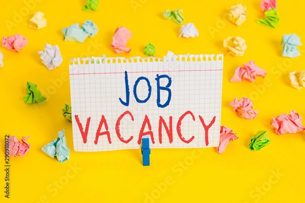 Obraz Word writing text Job Vacancy. Business photo showcasing empty or available paid place in small or big company Colored crumpled papers empty reminder white floor background clothespin