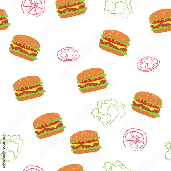 Fototapeta Seamless Pattern of Cute  hamburger, tomato and lettuce on white backgroung.