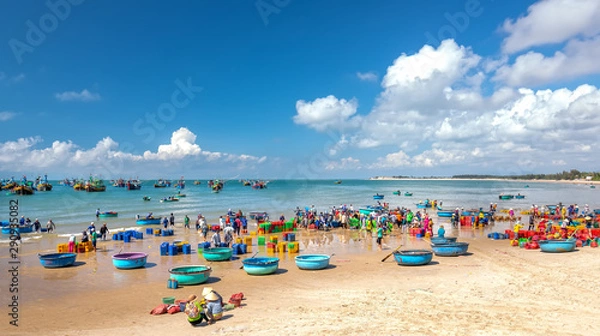 Fototapeta Fish market session seas, people gathered inside basket fish sale, strenuous rowing fishermen fish brought ashore fishing village in Phan Thiet, Vietnam