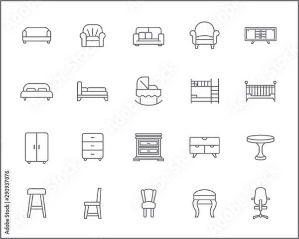 Fototapeta Set of furniture and interior Icons line style. Included the icons as bed, sofa,  couch, table, a double-deck bed, chair, stool, wardrobe and more. customize color, stroke width control , easy resize.