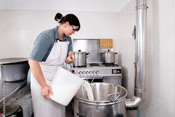 Fototapeta Cheese Maker pours milk into a steel container