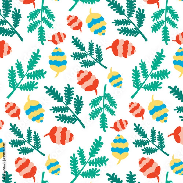 Fototapeta Christmas New Year pattern of coniferous branches of cones. Festive background. Vector editable illustration