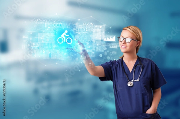 Fototapeta Doctor touching hologram screen displaying healthcare running symbols