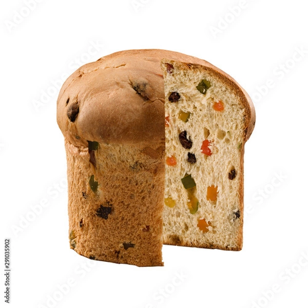 Fototapeta Panettone, an Italian type of sweet bread loaf, with candied fruits and raisins, usually prepared and enjoyed for Christmas and New Year. On a white background ready to be used