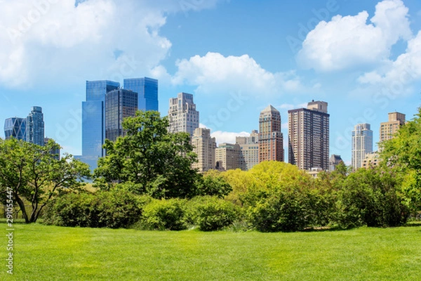 Obraz Iconic view of sunlit New York city skyline from flourishing Central Park at spring, with foreground grass, bushes and trees