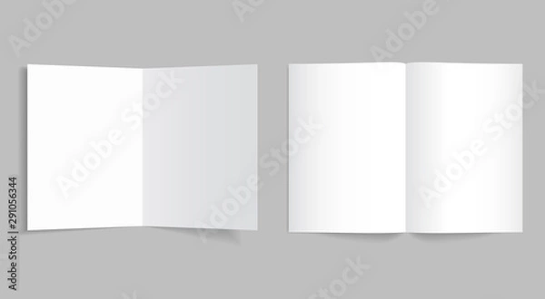 Fototapeta Mockup bi-fold brochure or booklet. White bifold paper cover of flyer for print with shadow. Template leaflet page format of a4, a3, a5. vector illustration