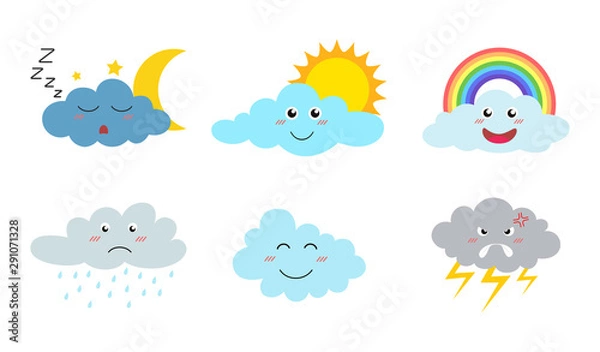 Fototapeta Collection of cute cloud cartoon emojis icon set with different expressions isolated on white background - Vector illustration