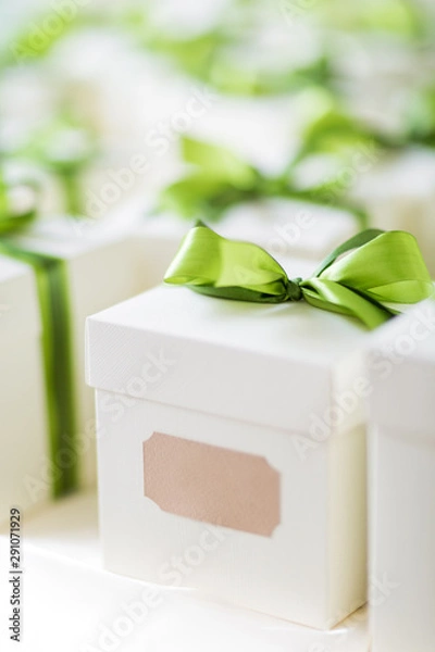 Fototapeta Close up wedding favors made of white boxes with green ribbons, against a bokeh background