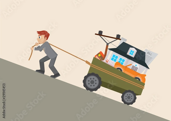 Obraz businessman pulling a cart with Debt.