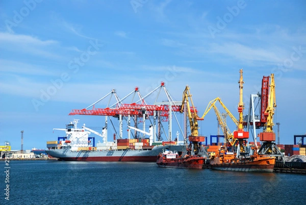 Fototapeta Port warehouse with cargoes and containers