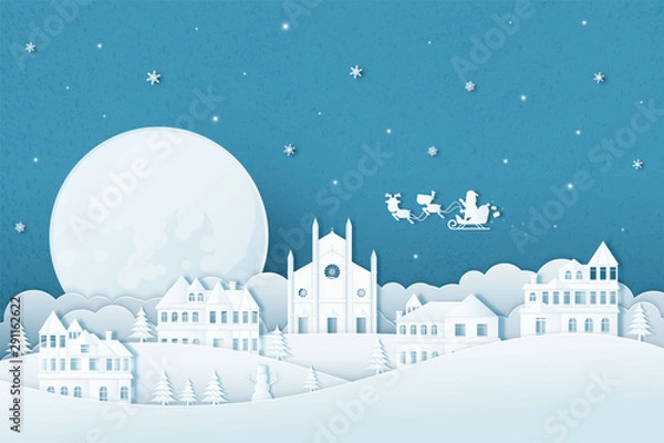 Fototapeta Merry Christmas and Happy New Year.Illustration of  Holiday landscape in the winter and Santa Claus on the sky.