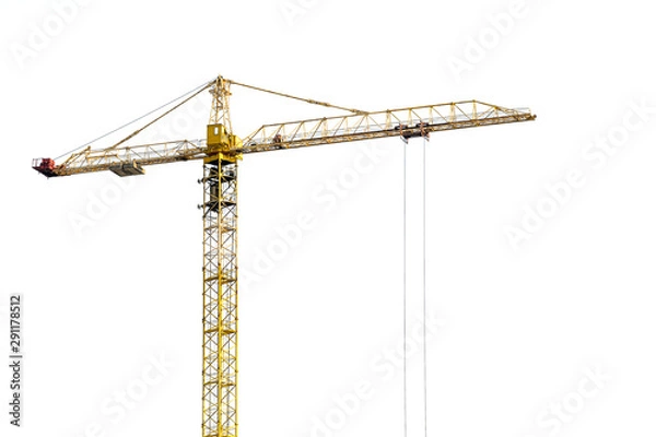 Fototapeta Yellow construction crane on a white isolated background builds multi-storey residential buildings using modern technologies of metal, concrete and brick according to the architectural design