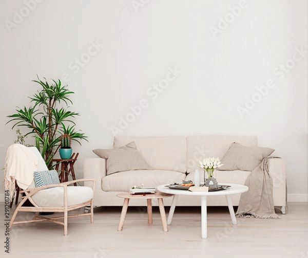 Fototapeta Mock up wall with beige white sofa, two tables and a chair in modern interior background, living room with large window an radiator, Scandinavian style, 3D render, 3D illustration