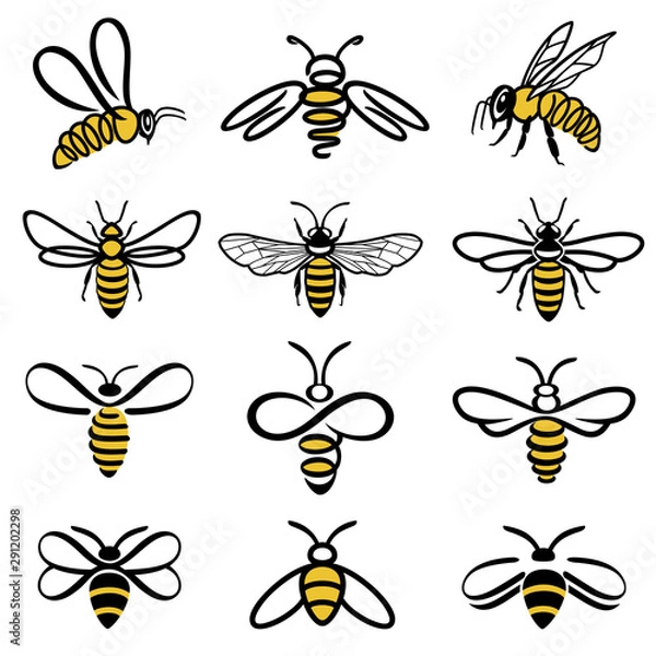 Obraz Honey bee set. Set of  honey and bee labels for honey logo products. Isolated insect icon. Flying bee. Set of abstract modern graphic bees  on white background. Flat style vector illustration.